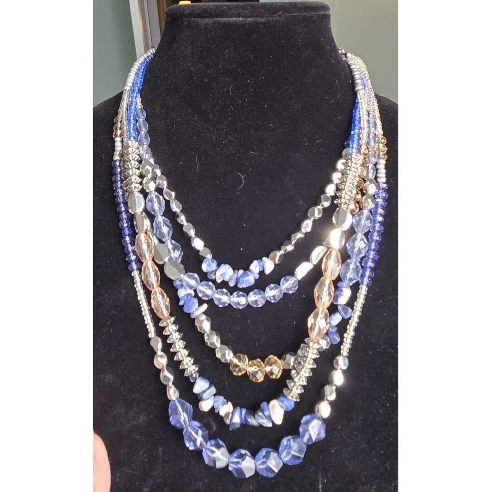 Layered Blue Silver-tone Clear Pale Peach Beaded Chunky Boho Adjustable Necklace - Picture 2 of 12